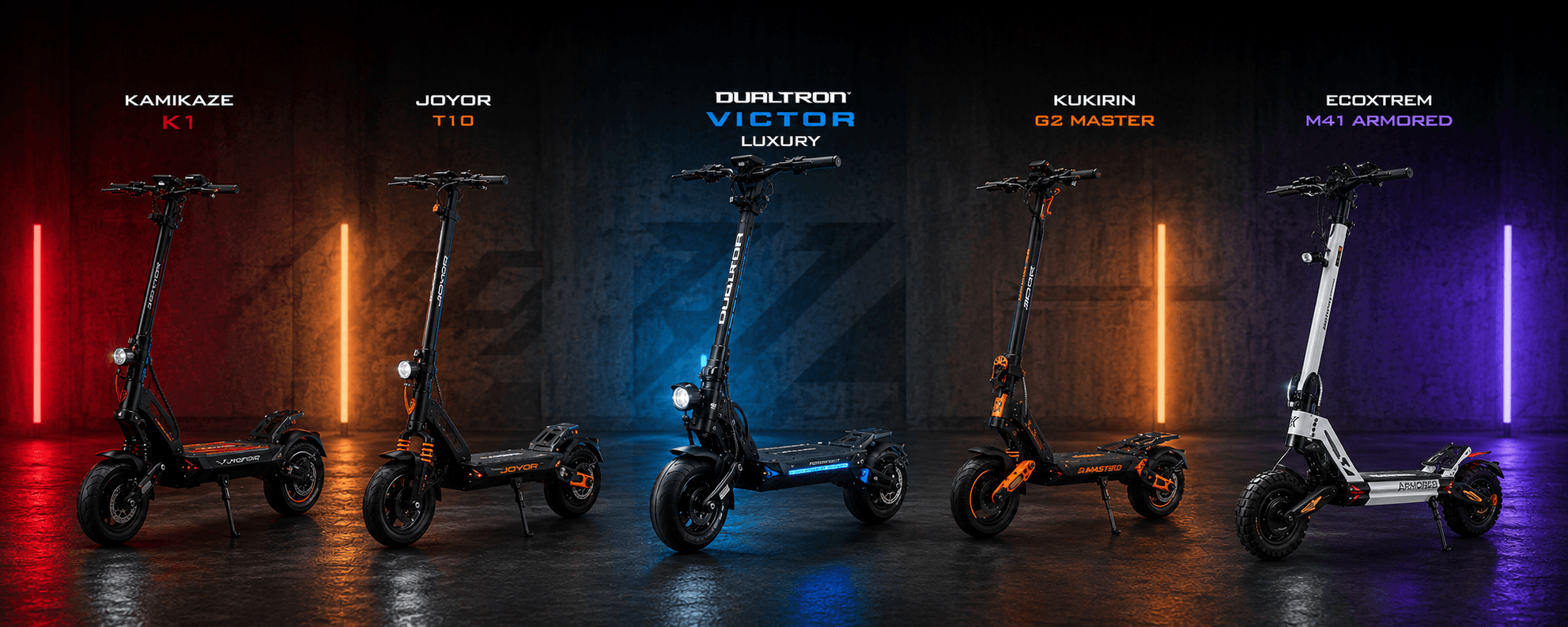 Selección de patinetes eléctricos premium disponibles en SellScoot: Kamikaze K1, Joyor T10, Dualtron Victor Luxury, Kukirin G2 Master y Ecoxtrem M41 Armored